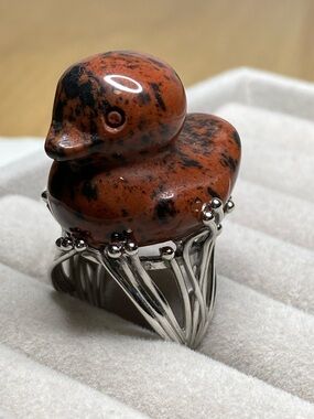Statement Duck Ring with Red and Black Stone on Silver Tone Band